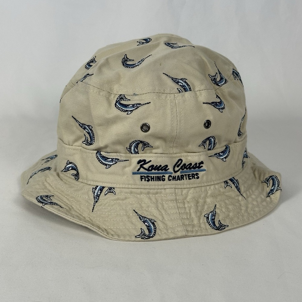 GH Bass & Co Blue Marlin Bucket Hat Beige Kama Coast Fishing Charters L/XL